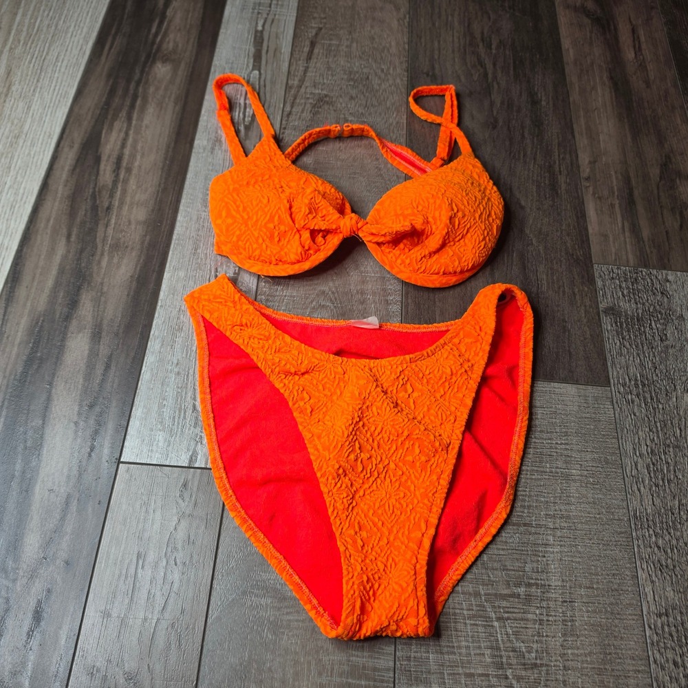 Vintage Barefoot Miss California Neon Orange Textured Underwire Bikini Sz 11/12